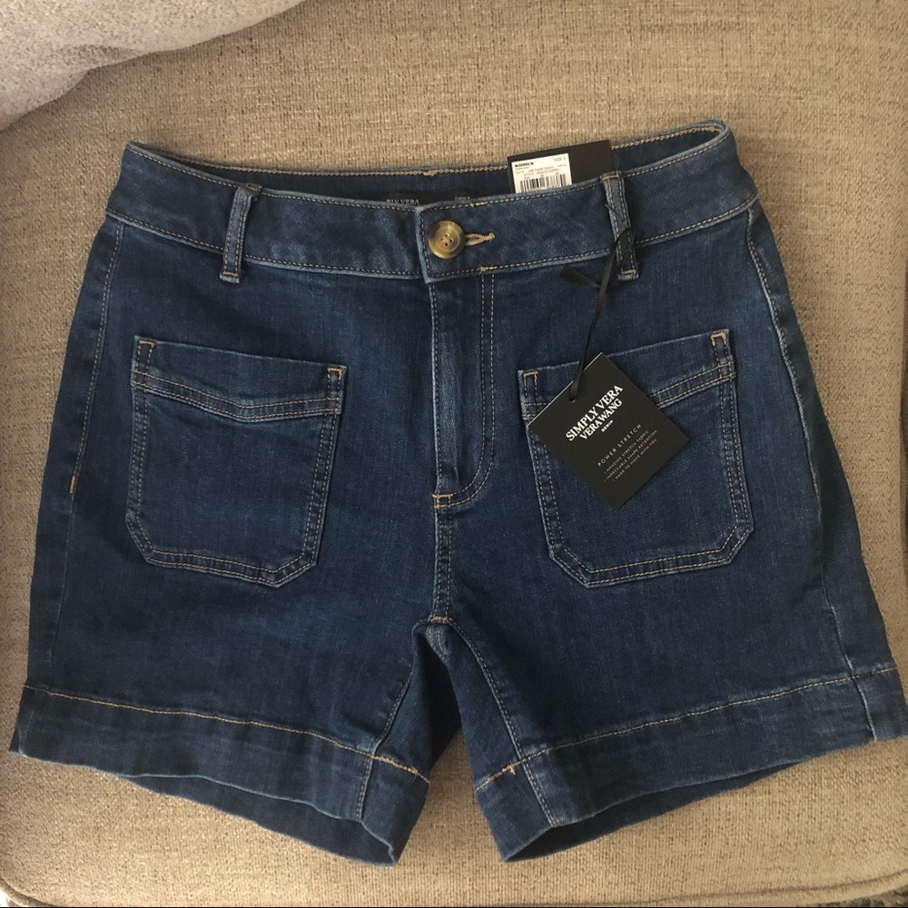 Mid rise dark wash shorts